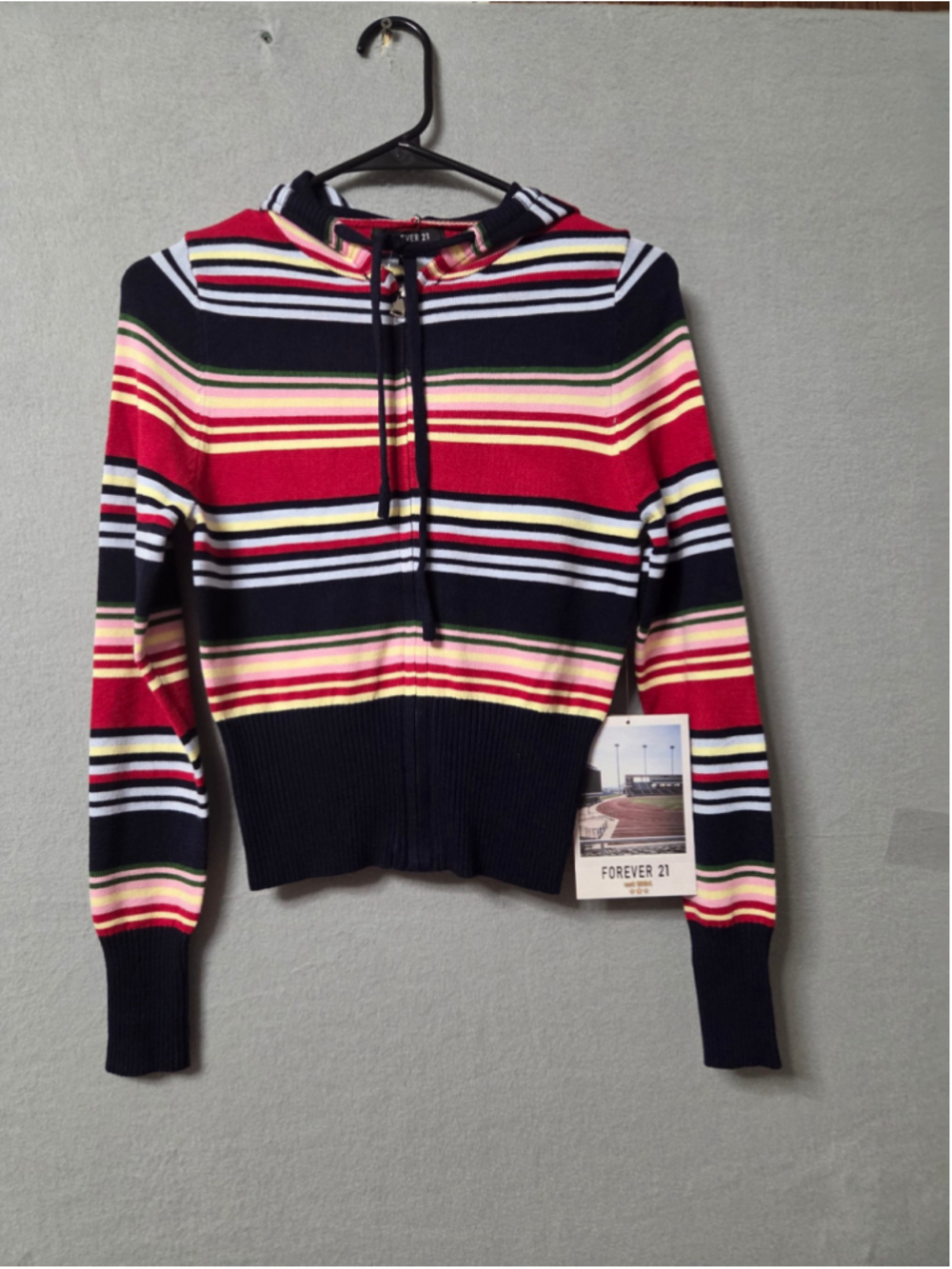 Women's Forever 21 Striped Zip-Up Hoodie, Size M, Black and Red